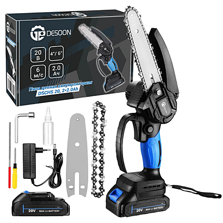 Пила цепная аккумуляторная DESOON DSCHS 20, 20В, акк. 2х2Ач, шина 4/6