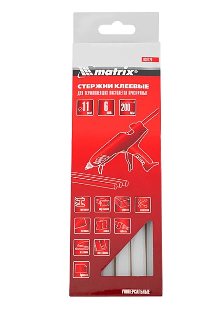 Стержни клеевые, прозрачные, 11 х 200 мм, в упаковке 6 шт Matrix 930720