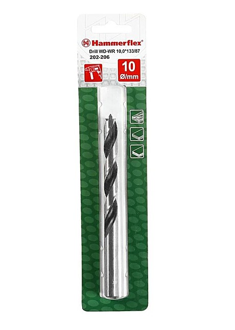 Сверло по дереву HAMMER Ф10х133мм 202-206 DR WD WR  10мм*133/87мм дерево, цилиндрическое