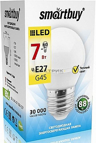 Лампа светодиодная Smartbuy Е27, 7Вт, теплый свет, 3000К